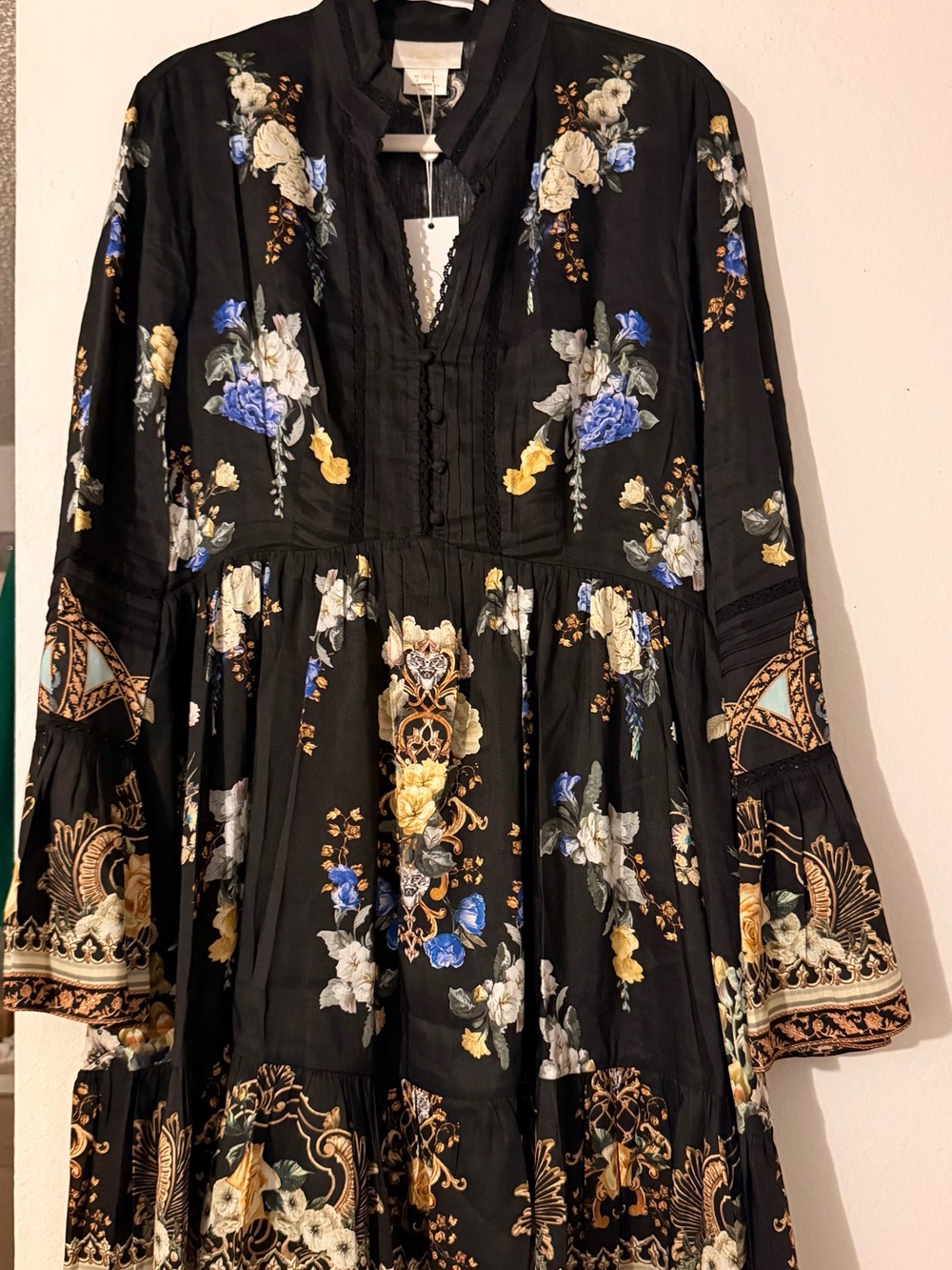 Camilla Black Long-Sleeve Floral Tiered Maxi Dress
